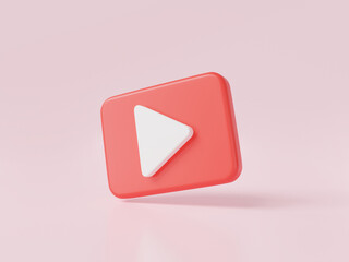 Cartoon minimal style play button icon on pink background. Video play icon, social media, media player sign, video player, streaming, live stream, multimedia concept. 3d render illustration