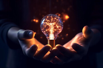 hand holding bulb with neural network, concept of idea, thinking, brainstorming