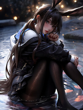 A cute 2D girl is sitting by the lake, waiting for you to come, generative AI
