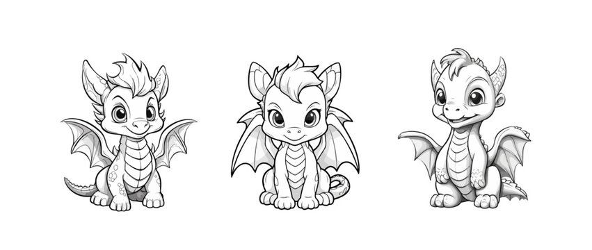 contour image of a cartoon baby dragon on a white background. Vector illustration