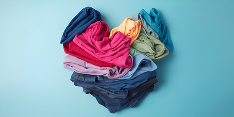 Big pile of old, used clothes folded to form a heart. Concept with free space on blue background. Generative AI.