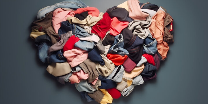 Big pile of old, used colorful clothes folded to form a heart, concept with free space. Conceptualization of recycling textiles.