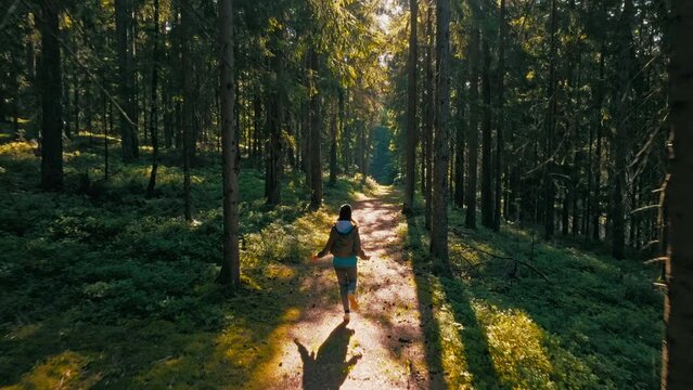 Slow motion of young woman running in the Bavarian forest in the opposite direction of the sun at sunset.