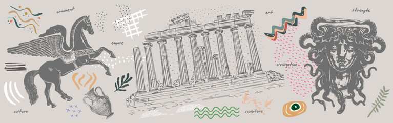 Art posters for exhibition of painting, culture, sculpture, music and design. Ancient ruins, goddess statue. Creative exhibition flyer or poster design template with abstract art elements and shapes.