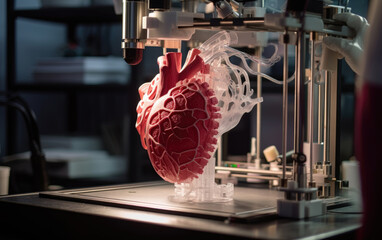 Artificial human heart 3d printed with biocompatible organ materials. - obrazy, fototapety, plakaty