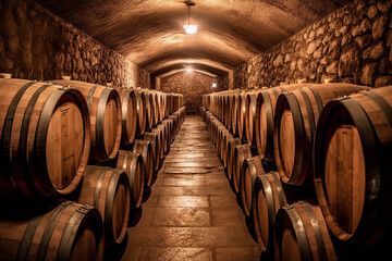 winery with wine wooden barrels. generative ai - obrazy, fototapety, plakaty