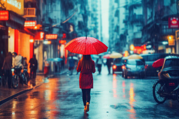woman walking in street with red umbrella on rain in china. generative ai