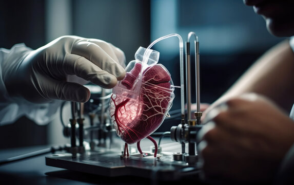 Printed futuristic artificial heart in a research laboratory, created utilizing organ tissue engineering techniques and 3D bioprinting. 