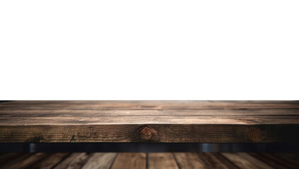 a front view of a dark brown, empty wooden table with transparent background, serving as a blank wood table mockup, Ai generative
