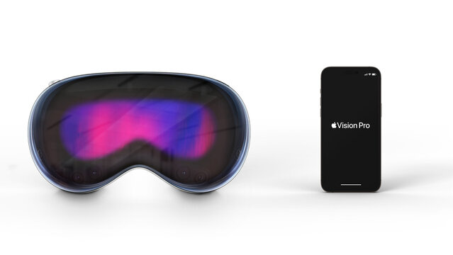 Apple Vision Pro High-tech Futuristic technology VR Glasses -Virtual reality device, 360 VR modern with a Iphone smartphone app. Isolated on white background. Rio de Janeiro, RJ, Brazil. June 2023