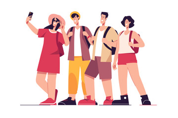 Vector illustration of a group of happy friends tourists travelers