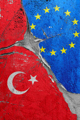 Illustration of the crack between the flags of Turkey and the European Union, the concept of global crisis in political and economic relations