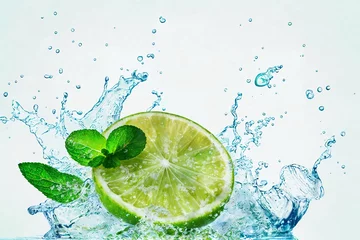 Tableau sur plexiglas  Lime and mint in water splash on a white background. Close up. AI-generated  © Влад Дубовик