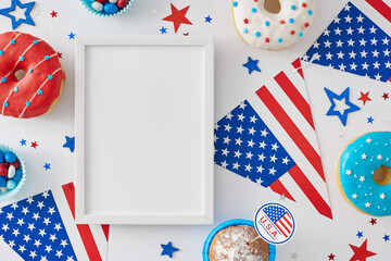 Obraz premium Dessert-centered festivity on July 4th theme. Top view flat lay of national flag garlands, sweets, patriotic stars on white background with space for message or ad