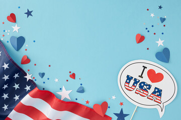 July 4th celebration theme concept. Top view flat lay of national flag, paper props, stars, hearts...