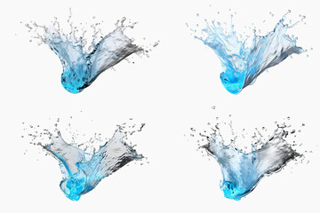 Set of four beautiful splashes of blue water on white background. Generative AI