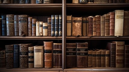 Antique Hebrew Books in a Jewish Library: A Closeup of Biblical Seforim on a Wooden Bookshelf in an Elegant Interior Study. Generative AI - obrazy, fototapety, plakaty