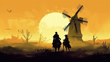 Fototapeta na wymiar Don Quixote and Sancho Panza: A Colorful Illustration of the Classic Spanish Novel with Windmill and Rider in Background. Generative AI