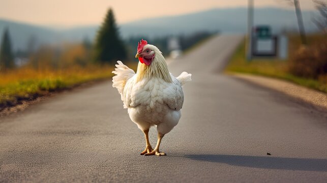 Free Range Chicken Crossing the Country Road in Rural Nature. Generative AI