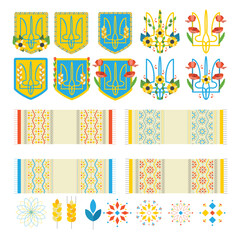 A set of elements of a coat of arms, a flag, embroidered towels, an ornament. Ukrainian symbols.