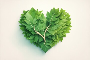 Fototapeta na wymiar Beautiful heart shape made of green leafs on a clean light backround - ecology art for nature