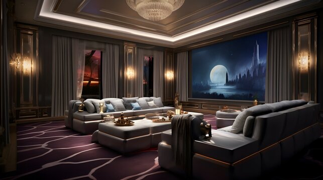 luxury home theater room. generative AI illustration.
