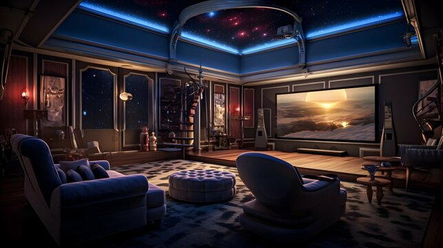 luxury home theater room. generative AI illustration.