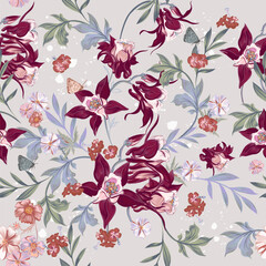 Beautiful seamless vector pattern with vintage aquilegia flowers - 612062503