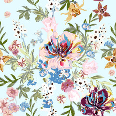 Fashion vector seamless pattern watercolor flowers tulips, florals, cosmos