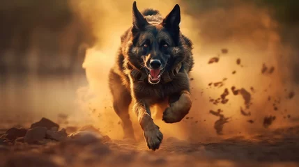 Fotobehang Cinematic photo battle dog battlefield dog vest tactical german shepherd dog on the beach © Stream Skins