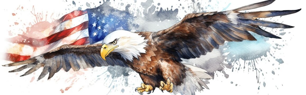 American focus eagle in flight  with American flag watercolor paint