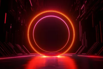 Papier Peint photo Rouge violet 3d render, abstract background, cosmic landscape, round portal frame, red neon light, virtual reality, energy, glowing fire ring, dark space, infrared, Generative AI