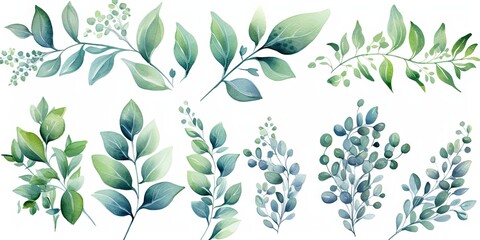 Watercolor Leaf Set on White Background isolated. Nature vintage leaf collection and branch Watercolor flora art in green design Generative AI illustrations