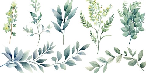 Fototapeta premium Watercolor Leaf Set on White Background isolated. Nature vintage leaf collection and branch Watercolor flora art in green design Generative AI illustrations