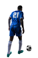 Fototapeta na wymiar Football player plays with soccerball in a match