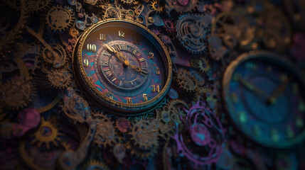 Fototapeta na wymiar background with antique clock in a surrealistic theme with Generative AI