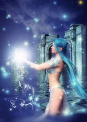 Water wizard woman in ruins