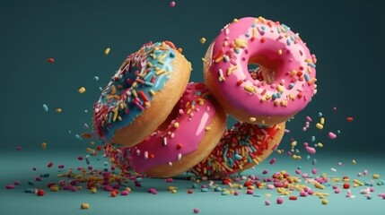 Flying Frosted sprinkled donuts. Set of multicolored dough