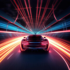 Obraz na płótnie Canvas Sport car racing through tunnel with neon lights trails. Made with Generative AI. 