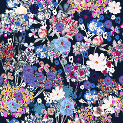 Fashion vector seamless pattern colorful flowers  on navy blue back