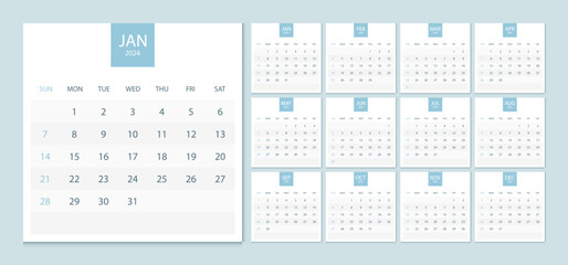Calendar 2024 week start Sunday corporate design template vector. Desk calendar 2024.