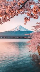 Mount Fuji digitally illustrated landscape with lake and mountains