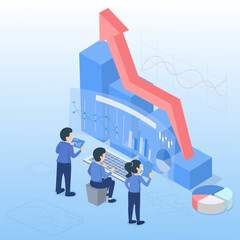 Business startup ideas concept. Arrow pointing to growth management strategy, tactical plan, marketing report, analysis database. Isometric 3D vector design illustration with copy space.