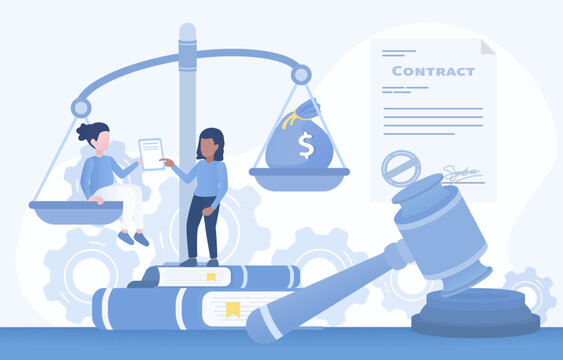Business contract concept. Legally binding agreements in business transaction terms, conditions, contract signing. Flat vector design illustration.