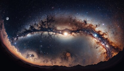 Panorama view universe space shot of milky way galaxy earth and moon