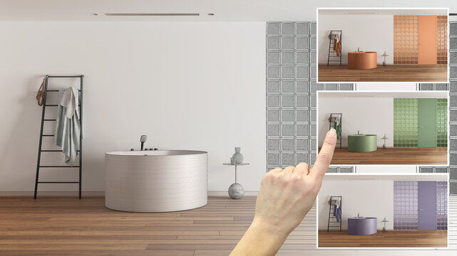 Architect designer concept, hand showing minimal bathroom with bathtub, colors in different options, interior design project draft, color picker, material sample