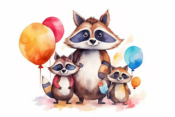 Happy cartoon Father's day card with cute father raccoon and a little raccoon. Post processed AI generated image.