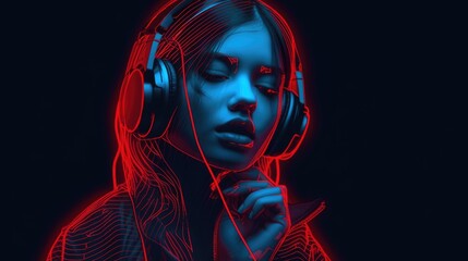 Ai generated portrait of a girl teenager wearing headphones with neon lines . The concept of a music festival, a music album, dancing, singing and music lessons Generative AI