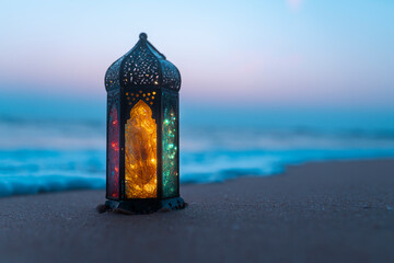 Ramadan Mubarak greeting image, Lantern lamp on the beach