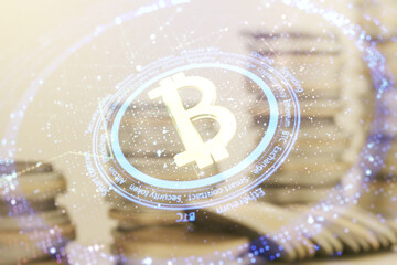 Virtual Bitcoin sketch on coins background. Double exposure